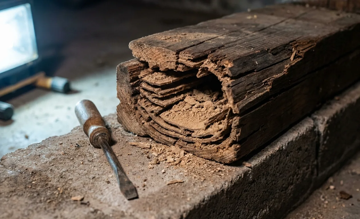 termite treatment damaged joist soil packed galleries